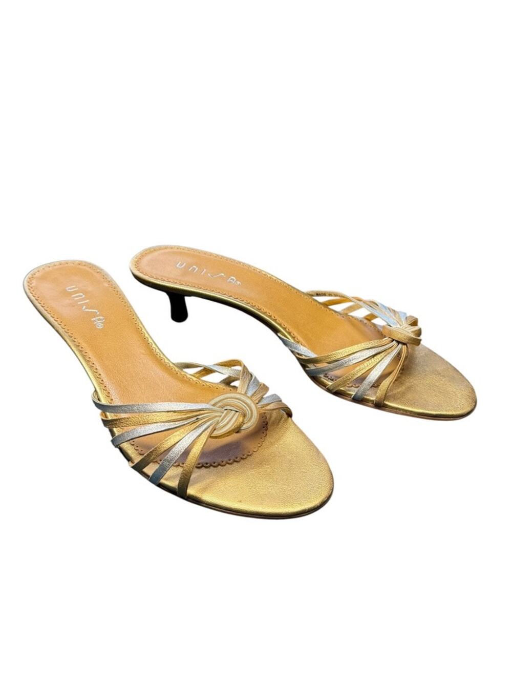 Vintage 90s Unisa Metallic Gold Silver Leather Twist Kitten Heel Sandal Size 7